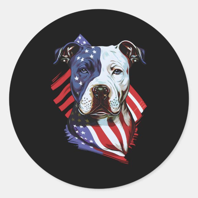 American Pitbull With American Flag Illustration Classic Round Sticker (Front)