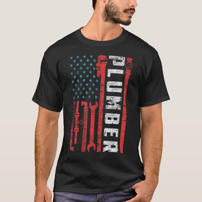 American Plumbing Flag 4th of July Patriotic Plumb T-Shirt (Front)