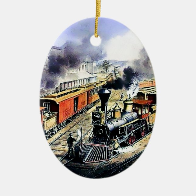 American railroad steam engine trains ceramic tree decoration (Front)