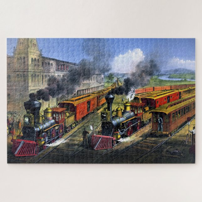 American Railroad Train Scene Leaving the Junction Jigsaw Puzzle (Horizontal)