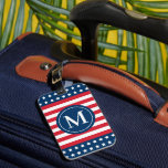 American Red White Blue Custom Monogram Initial Luggage Tag<br><div class="desc">Travel in patriotic style with this monogrammed luggage tag. Features a United States of America flag inspired design with stars and stripes in classic red,  white,  and blue American colours. Personalise the custom monogram with your family's last name initial letter.</div>