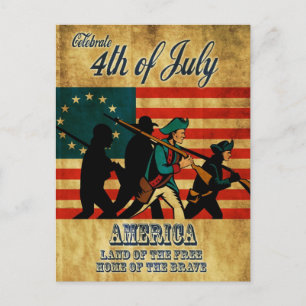 American revolution soldier marching flag postcard