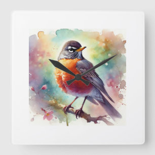 American Robin 010924AREF111 - Watercolor Square Wall Clock