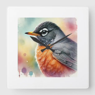 American Robin 260824AREF105 - Watercolor Square Wall Clock