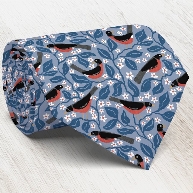 American Robin Apple Blossom Bird Flower Tie (American Robin Redbreast Apple Blossom Michigan state bird flower pattern blue neck tie)