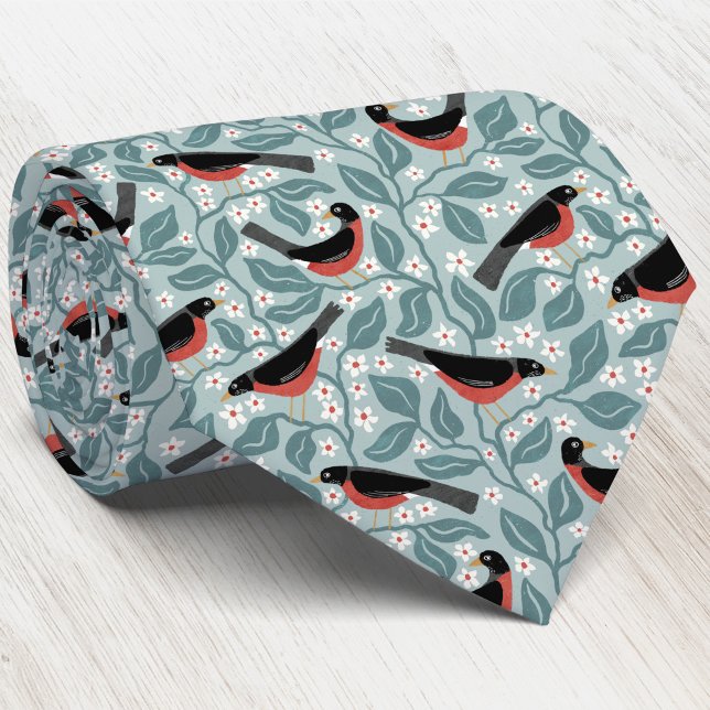American Robin Apple Blossom Bird Flower Tie (American Robin redbreast Apple Blossom branches Michigan state bird flower pattern heritage neck tie)