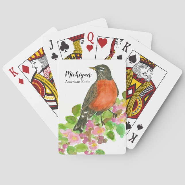 American Robin Bird Apple Blossom Watercolor Playing Cards (Back)