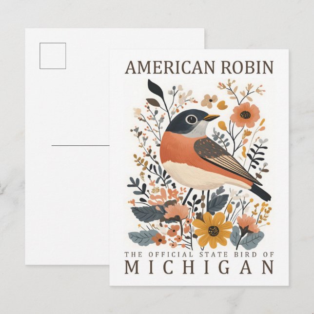 American Robin Bird of Michigan USA Travel Postcard (Front/Back)