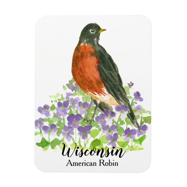 American Robin Bird Wood Violets Personalised Magnet (Vertical)