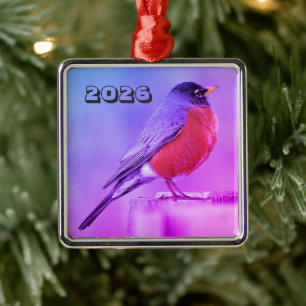 American Robin Standing on Fence Post Wintry Day Metal Tree Decoration