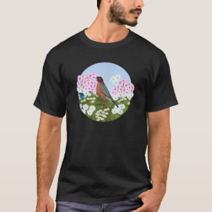 American Robin Summer Flowers Birder Bird Watching T-Shirt