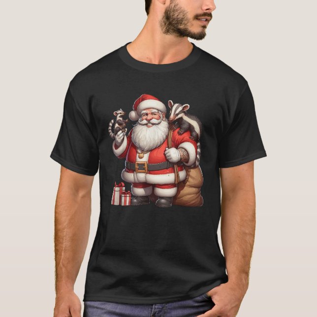 American Santa Claus Holding Anteater Present Xmas T-Shirt (Front)