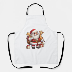 American Santa Claus Holding Giraffe Present Xmas Apron