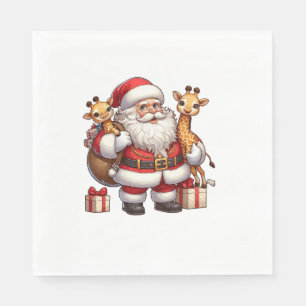 American Santa Claus Holding Giraffe Present Xmas Napkin