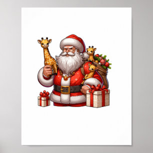 American Santa Claus Holding Giraffe Present Xmas Poster