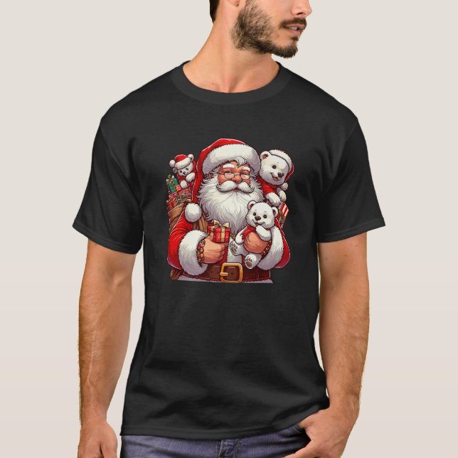 American Santa Claus Holding Polar Bear Present Xm T-Shirt (Front)