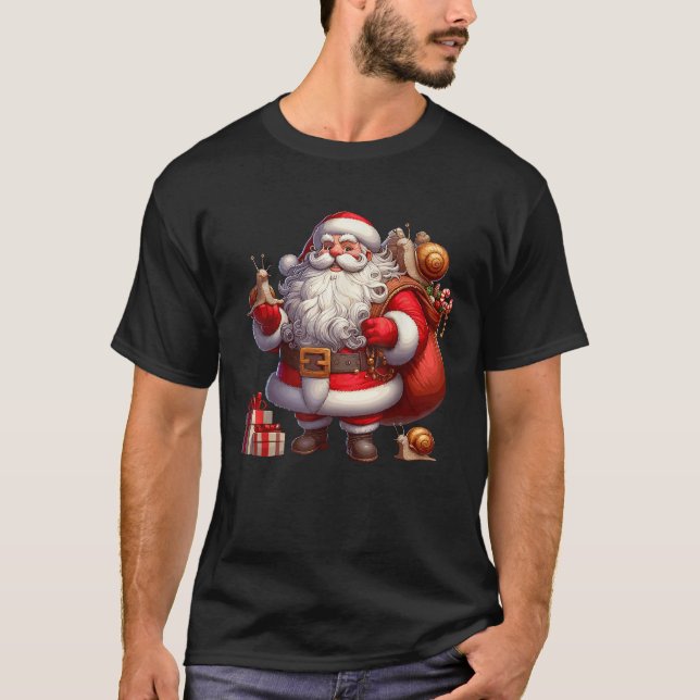 American Santa Claus Holding Snail Present Xmas  T-Shirt (Front)