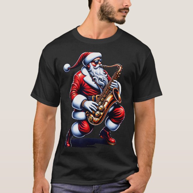 American Santa Playing Saxophone Xmas Jazz Christm T-Shirt (Front)