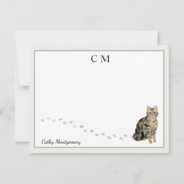 American Short Hair Brown Tabby Cat Monogram  Name Card (Front)