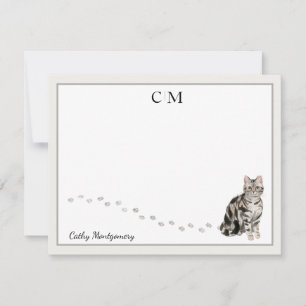 American Short Hair Cat Grey Frame Monogram  Name Card