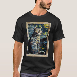 American Shorthair Cat in Van Gogh's Starry Night T-Shirt