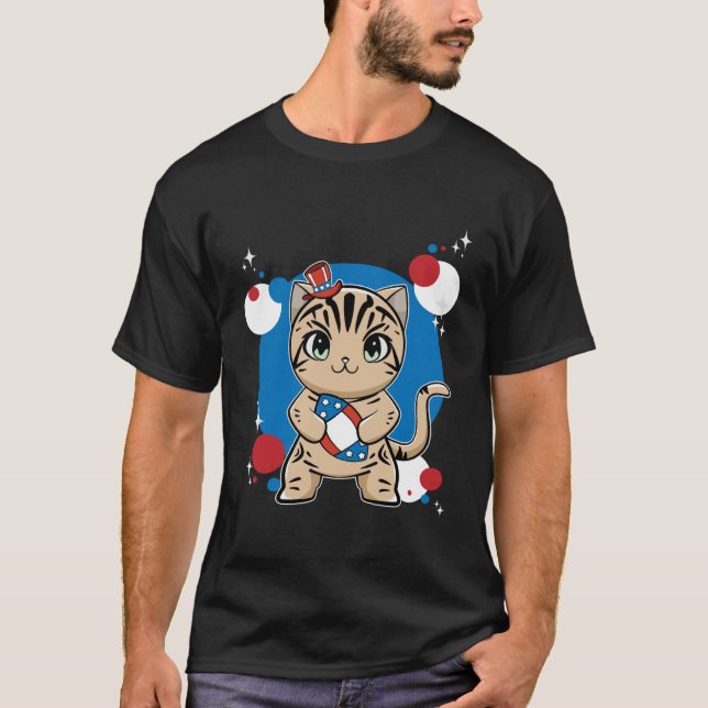 American Shorthair Cat With Football 4th Of July T-Shirt (Front)