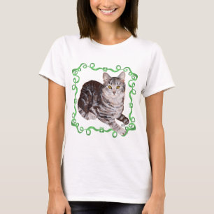 American Shorthair Tabby Cat Green Ribbon T-Shirt