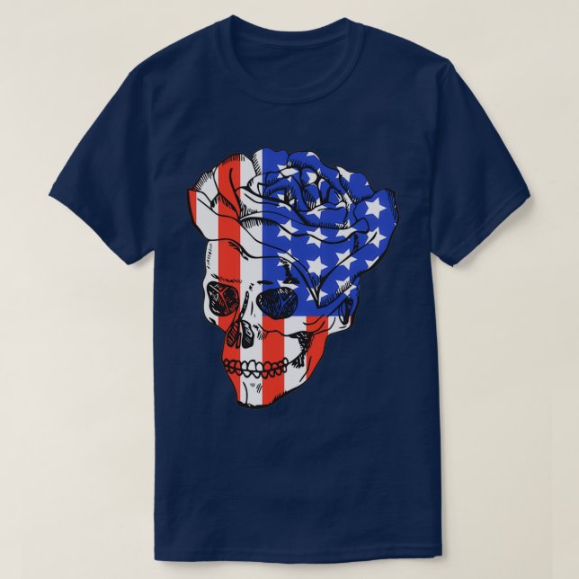 American Skulls Stripe Stars Blue Red White 1 T-Shirt (Design Front)