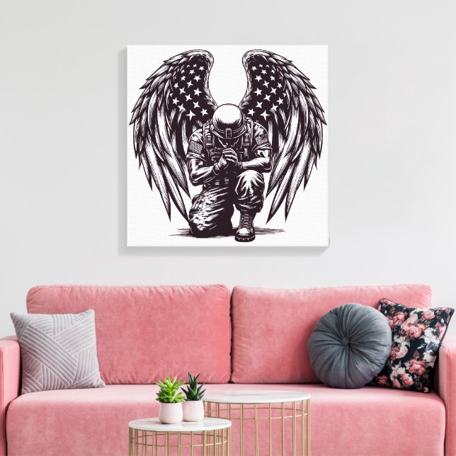 American Soldier Angel Praying USA Flag Art Canvas Print (Insitu(LivingRoom))
