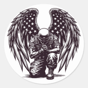 American Soldier Angel Praying USA Flag Art Classic Round Sticker