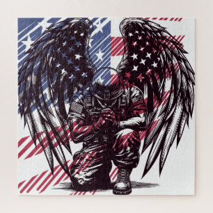American Soldier Angel Praying USA Flag Art Jigsaw Puzzle