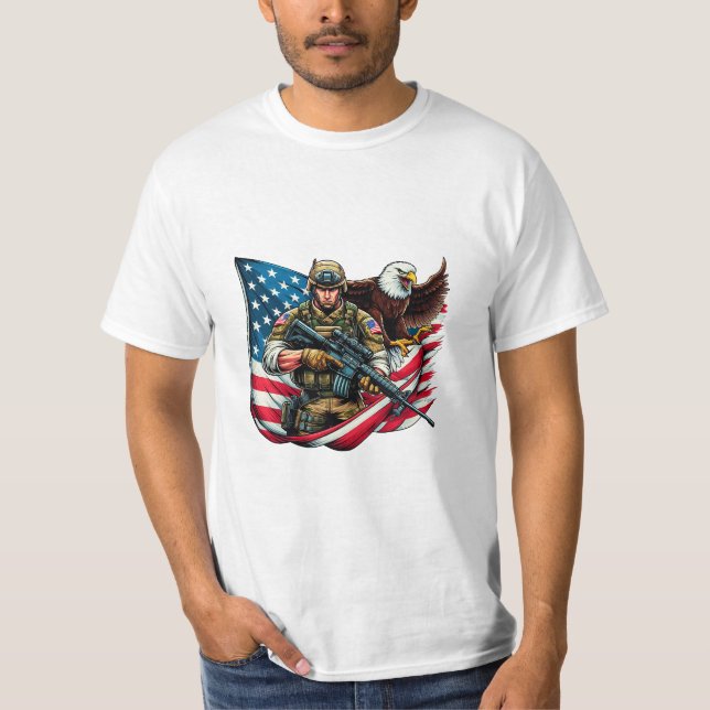 American Soldier Eagle USA Flag Patriotic Art T-Shirt (Front)