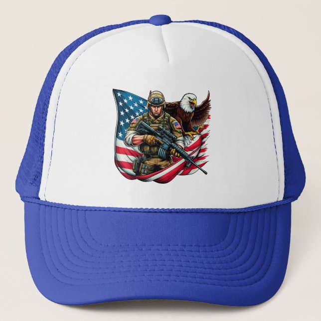 American Soldier Eagle USA Flag Patriotic Art Trucker Hat (Front)
