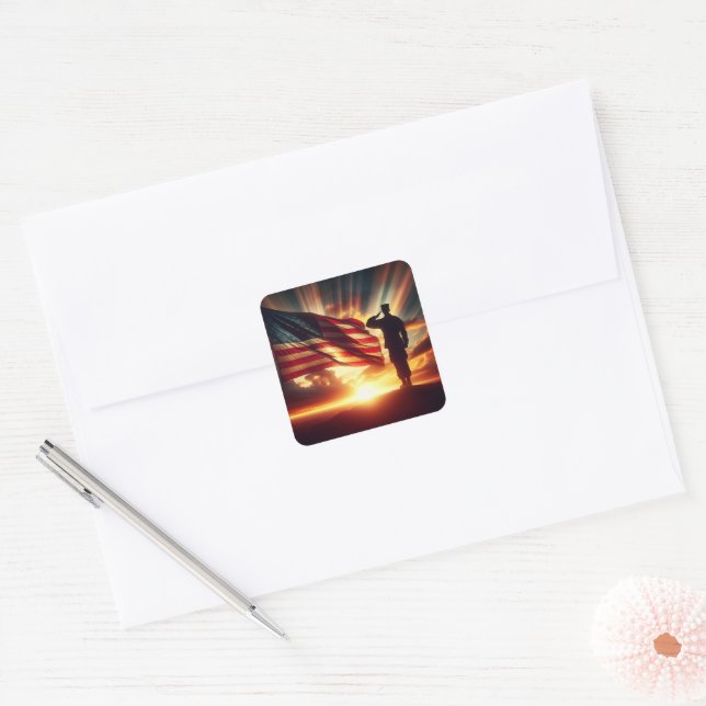 American Soldier Saluting The Flag Square Sticker (Envelope)