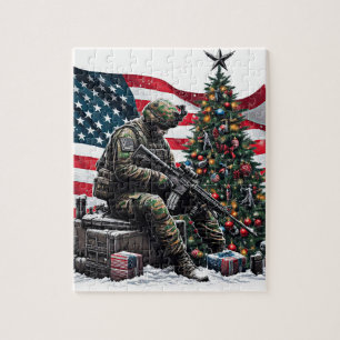 American Soldier Usa Flag Christmas tree Art Jigsaw Puzzle