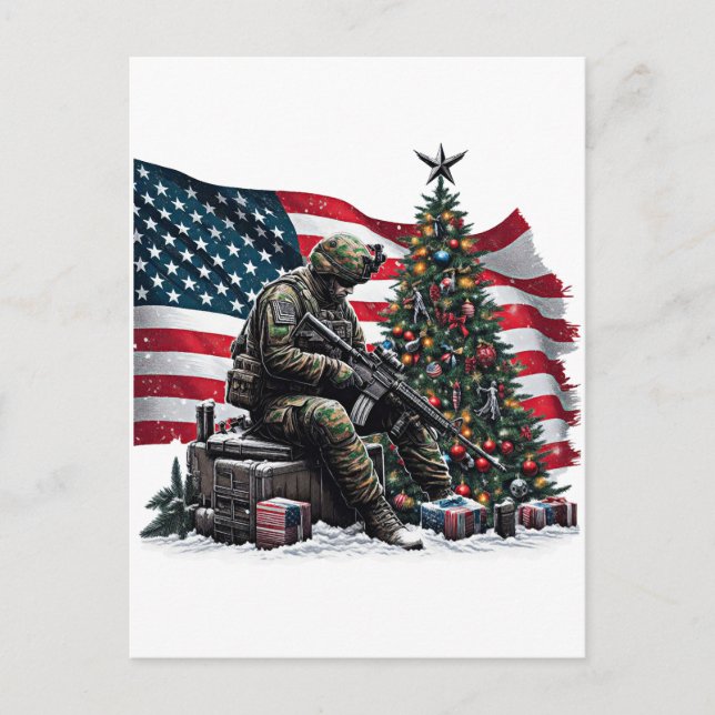 American Soldier Usa Flag Christmas tree Art Postcard (Front)