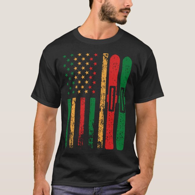 American Sports Flag Black History Month Snow Skii T-Shirt (Front)