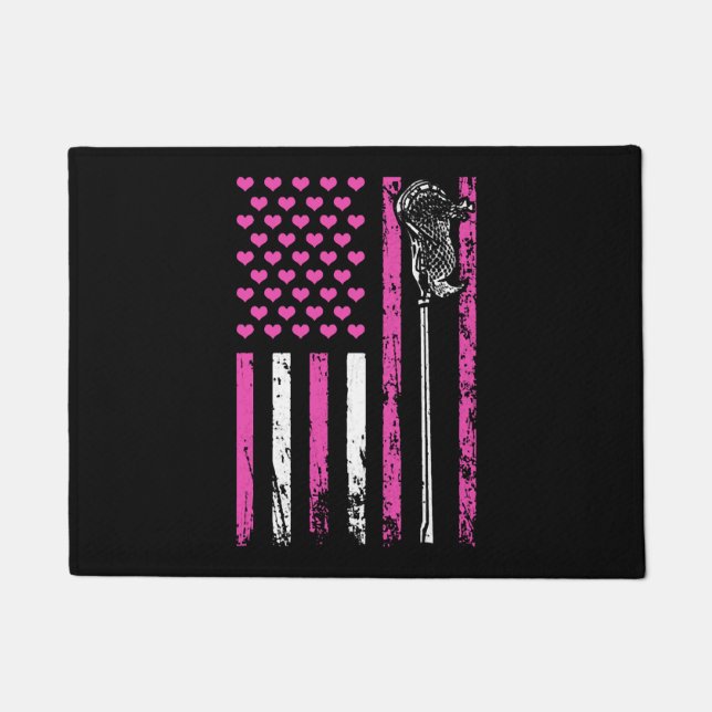 American Sports Flag Lacrosse Stick Valentine's Doormat (Front)