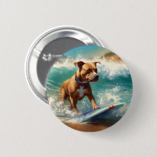 American Staffordshire Beach Surfing Painting  6 Cm Round Badge