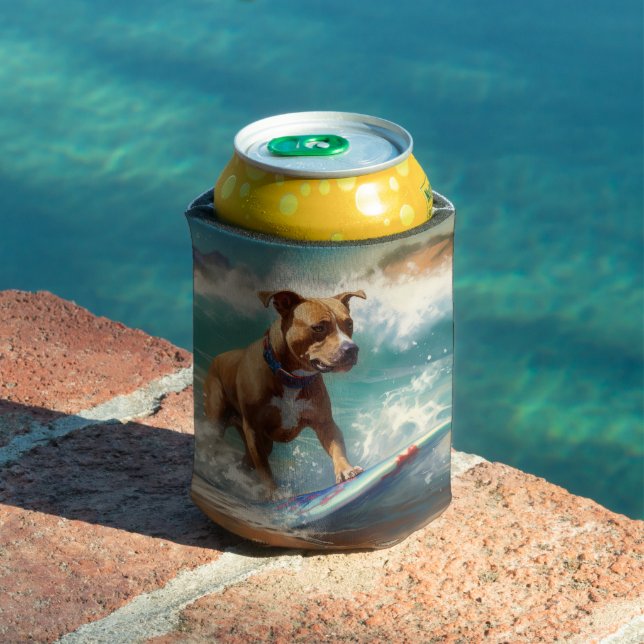 American Staffordshire Beach Surfing Painting  Can Cooler (In Situ Pool)