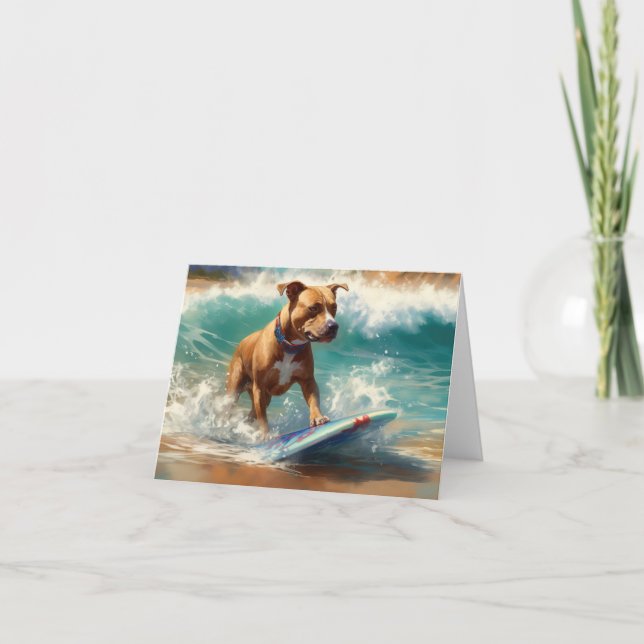 American Staffordshire Beach Surfing Painting  Card (Front)