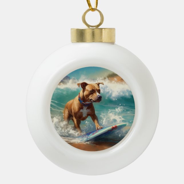 American Staffordshire Beach Surfing Painting  Ceramic Ball Christmas Ornament (Front)