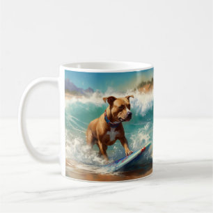 American Staffordshire Beach Surfing Painting  Coffee Mug