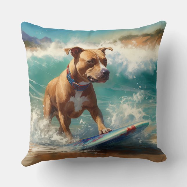 American Staffordshire Beach Surfing Painting  Cushion (Back)