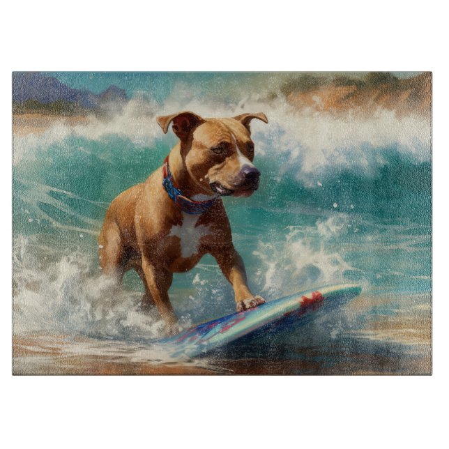American Staffordshire Beach Surfing Painting  Cutting Board (Front)