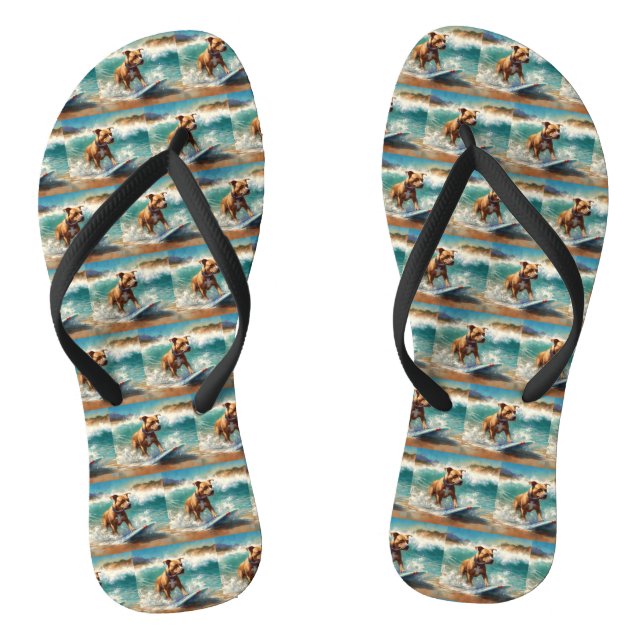 American Staffordshire Beach Surfing Painting  Flip Flops (Footbed)