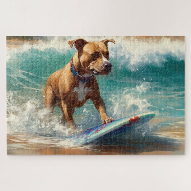 American Staffordshire Beach Surfing Painting  Jigsaw Puzzle (Horizontal)