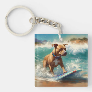 American Staffordshire Beach Surfing Painting Key Ring