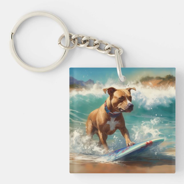 American Staffordshire Beach Surfing Painting  Key Ring (Front)