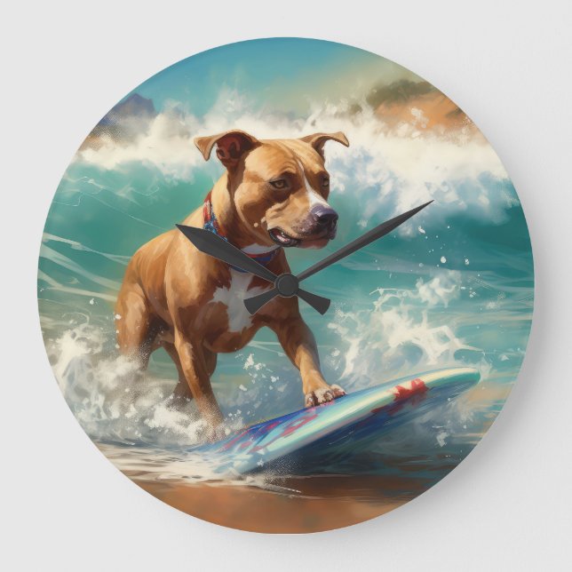 American Staffordshire Beach Surfing Painting  Large Clock (Front)